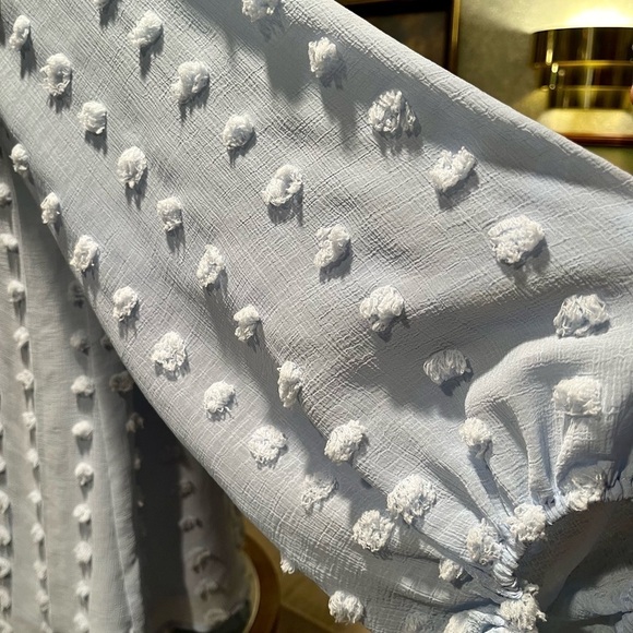 KORI AMERICA Women's S Light Blue Distressed Pom Pom Fringe LS Tunic‎ Blouse - Picture 5 of 12